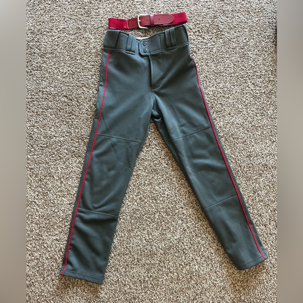 Youth Gray Baseball Pants with Red Pin Stripe and matching belt.